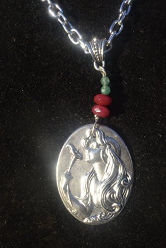 Art Nouveau Goddess Maiden Lady Reproduction Steampunk Ruby Emerald Beads Pendant Beaded One of a Kind Necklace Silver Handmade