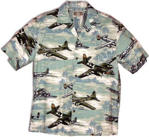 Bomber Plane And Islands Hawaiian Shirts - Mens Hawaiian Shirts - Aloha Shirt - Hawaiian Clothing - 55% Cotton/45% Rayon Green Large