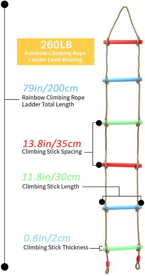 MARATTI Climbing Rope Ladder for Kids, Rainbow Climbing Ladder Hanging Rope Ladder for Indoor Play Set and Outdoor Tree House, Playground Swing Set and Ninja Slackline: Sports & Outdoors