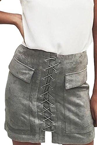 Prograce Women's Vintage Lace Up High Waist Bodycon Faux Suede Mini Skirt