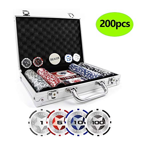 KAILE Texas Hold 'em Casino Clay Poker Chips Set with Aluminum Case, 13.5 Gram 200pcs Playing Cards Game Blackjack Gambling Chips (200 Piece Set)