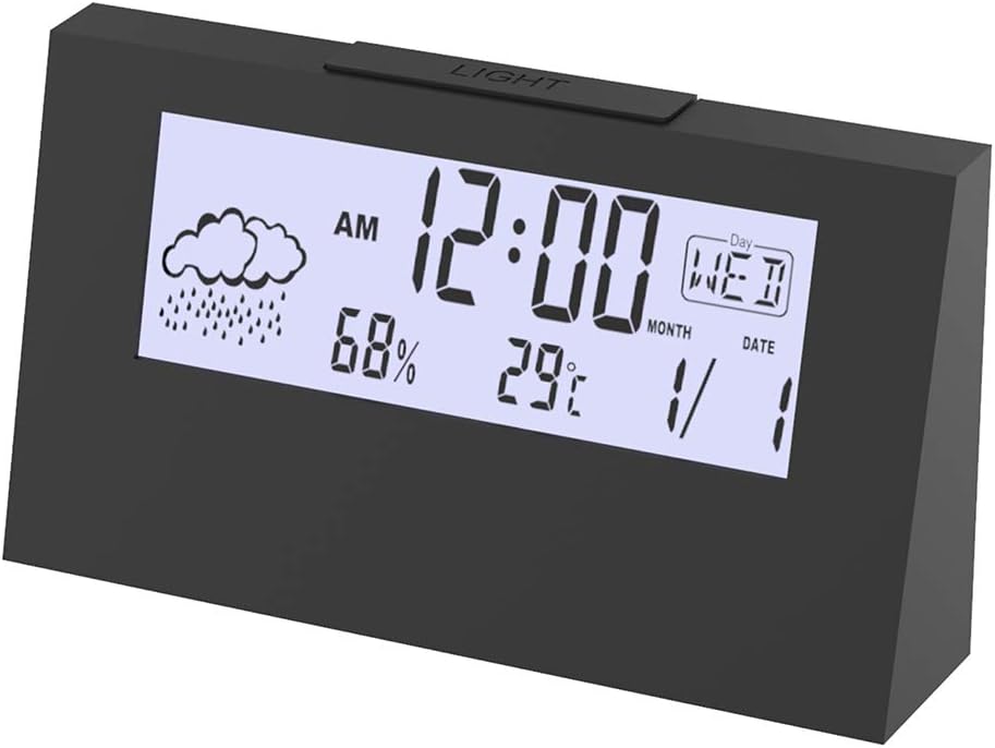 P1 Tools Battery Operated LCD Alarm Clock, Smart Sensor Night Light, Date, Snooze, Temperature,Weather, Simple Operation, for Kids/Heavy Sleepers/Bedroom/Travel