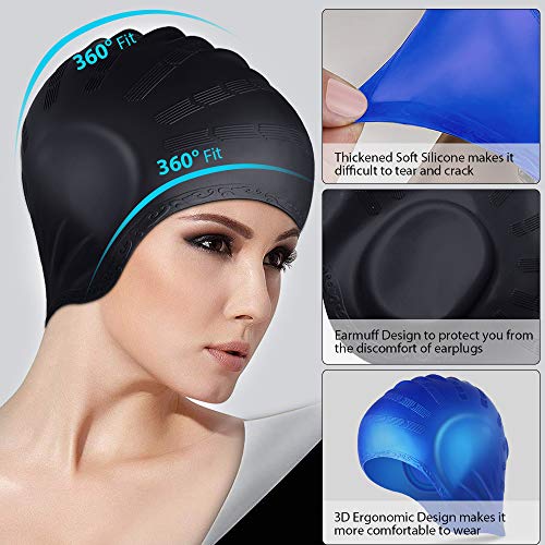 EocuSun 2 Pack Swimming Cap Solid Silicone Swim Caps Ear Protection for Short or Long Hair Fit Women Men Adult Youths