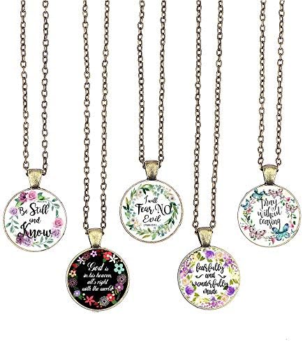 BUENAVO Bible Verse Pendant Necklace Christian Songs and Hymns Glass Cabochon Pendant Inspired Necklace with 24 inches Chain Handmade for Gifts 5pcs (Bible 3, Bible)