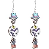 Halloween Earrings Wooden Ghost Bat Spooky Skull Drop Earring Handmade Wood Black Cat Earring for Women Halloween Party Costumes Holiday Jewelry