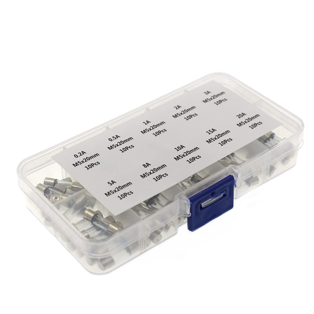 LeHang 100Pcs 5x20mm Quick Blow Glass Tube Fuse Assorted Kit Amp 0.2A 0.5A 1A 2A 3A 5A 8A 10A 15A 20A 250V w/Box