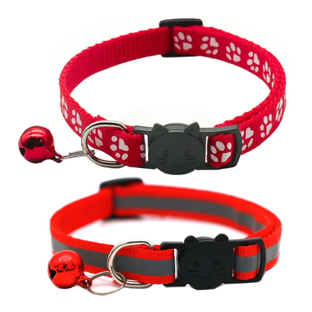 Hepplly 2-Pack Cat Collars Quick Release Reflective Kitten Collar with Bell (Red)