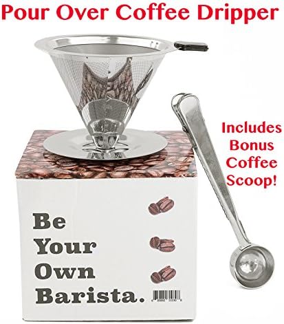 Paperless Pour Over Coffee Dripper &amp; Brewer - Stainless Steel Double Mesh Reusable Cone Filter with Built-in Stand, Rubber Grip Handle &amp; Bonus Coffee Scoop - Single Cup Coffee Maker