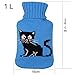 Premium Classic Rubber Hot Water Bottle w/ Cute Knit Cover (1 Liter, Blue / Blue with Black Cat)