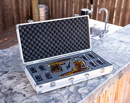 SHOTSCLUB Unique Whiskey Decanter and Glass Set - Gun Decanters for Alcohol, 8 Shot Glasses, Holster, Carry Case - Drinking Party Accessories for Men