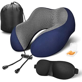 MLVOC Travel Pillow 100% Pure Memory Foam Neck Pillow, Comfortable & Breathable Cover - Machine Washable, Airplane Travel Kit with 3D Sleep Mask, Earplugs, and Luxury Bag, Blue