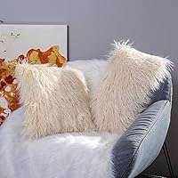 Sungea Luxury Soft Faux Fur Throw Pillows Covers, 18x18 Inch, Pack of 2 Boho Decorative Plush Mongolian Cushion Cover Pillowcase for Bedroom Living Room Sofa Couch Car, Cream White