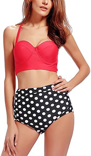 Women's High Waist Bikini Set 2 Piece Padding Swimsuit Cute Print Red/DotX-Large