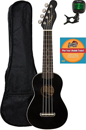 FenderVenice Soprano Ukulele - Black Bundle with Gig Bag, Tuner, and Austin Bazaar Instructional DVD