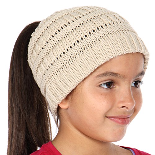Plum Feathers Beanie Tail Kids Soft Stretch Cable Knit Messy High Bun Ponytail Beanie Hat (Beige)