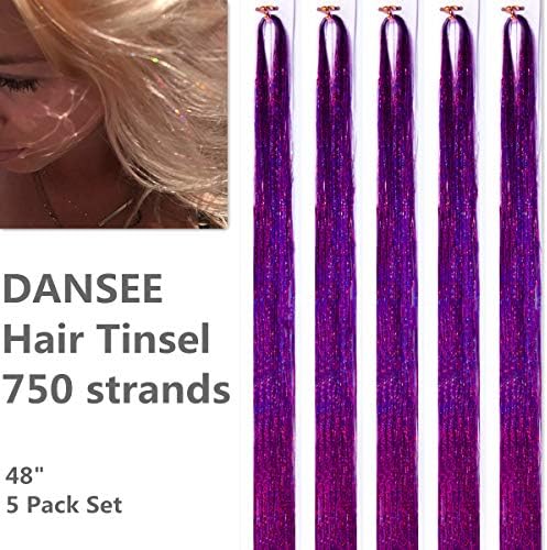 DANSEE 48" Hair Tinsel 750+ Strands Kit Sparkling Silk Fairy Hair Shiny Hair Flairs Tinsel Extensions Party Highlights Hair Dazzle Glitter Extensions Bling Synthetic Hairpieces Set (Purple)
