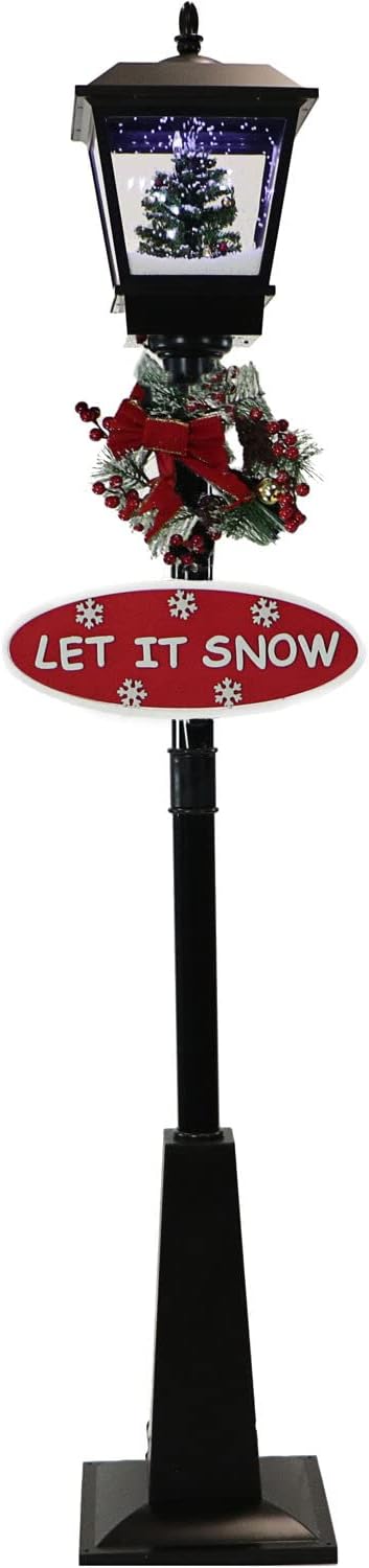 Snow Globes - Fraser Hill Farm Let It Snow Series 71-in. Musical Street Lamp with Christmas Tree | 2 Festive Signs | Cascading Snow | Christmas Carols | Holiday Home Decor | Black | FSSL071A-BLK2