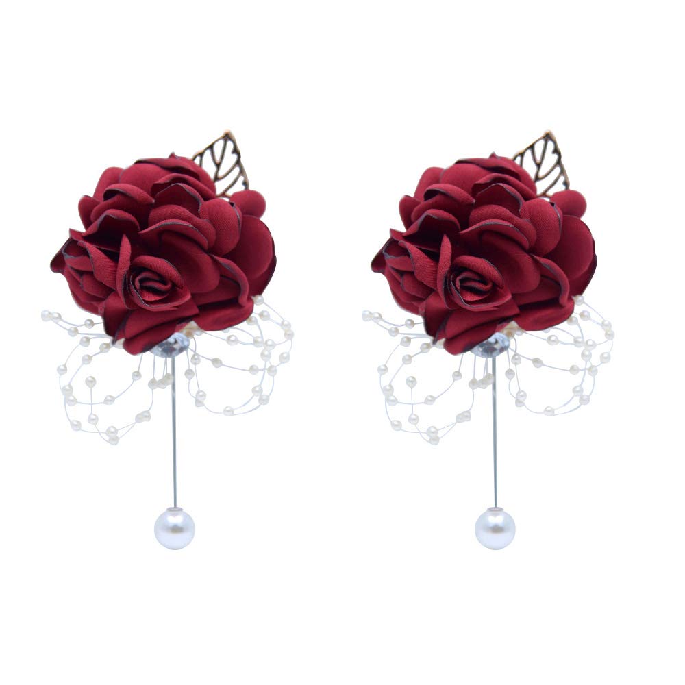 Shiwaki 2-Pack Boutonniere & Flower Corsage, Wine Red, Rosa, for Weddings, Special Events