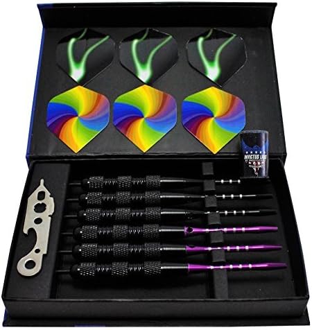 Invictus Labs Professional Darts Set 20g – 6 Steel Tip Darts with Purple and Black Aluminum Shafts and 2 Style Flights + Dart Sharpener + Multi-tool + Case.…