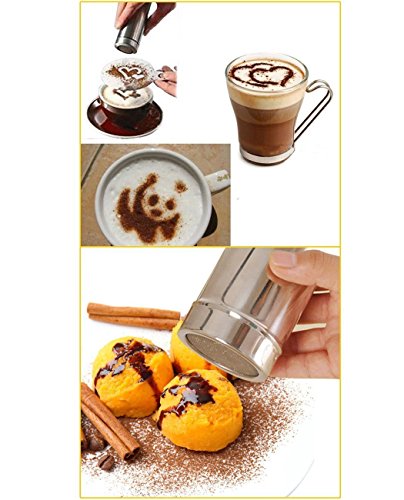 Aoyoho 3Pcs Stainless Steel powder shaker Icing Sugar Powder Cocoa Flour Coffee Sifter Cooking Tools Lid Chocolate Shaker Cocoa with 16 Different style Coffee Art Stencils
