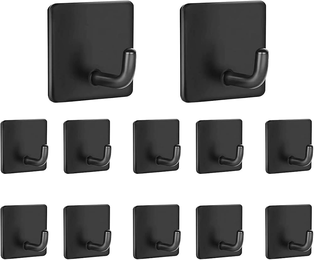 IZRA Self Adhesive Hooks 12 Pack Black Stainless Steel Waterproof Rustproof