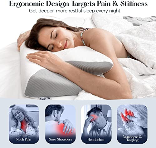 SUTERA - Dream Deep Contour Memory Foam Pillow, Orthopedic Cervical Support for Neck, Shoulder and Back Pain Relief, Ergonomic Pillow for Side, Back and Stomach Sleepers, Washable Cover - White+Bag