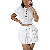 Women's Short Sleeve Button Down top Sexy Tight Mini Pleated Casual Cropped Dress Knitted Stretch Suit