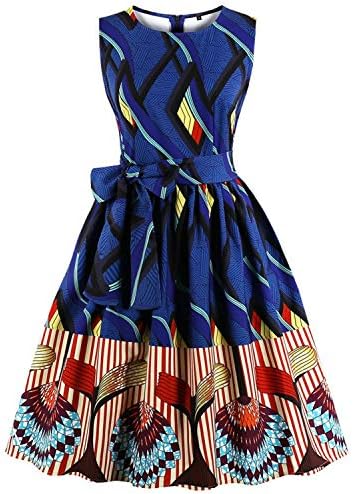 Womens Vintage Party Dress African Print Bow Belt Cocktail Dress AT10