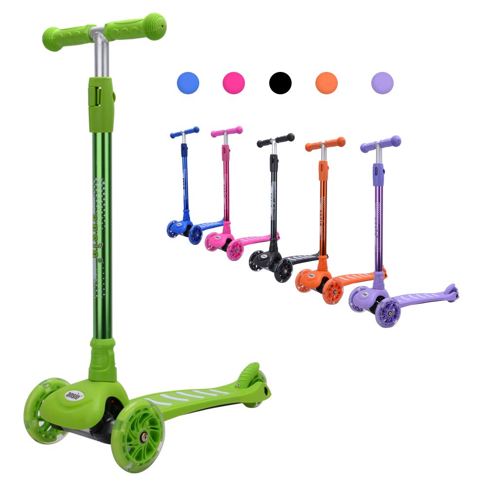 ANSIO Scooter for Boys and Girls, 3 Wheel Kids scooter, Toddler scooter with Adjustable Height, Kick Scooter, Multi-coloured LED Light Up Wheels, Removable Design, Aged 3 to 9 years - Green