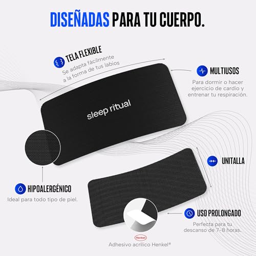 Sleep Ritual Mouth Tape. 60 Cintas Bucales. Tiras Bucales Hipoalergenicas que permiten el paso parcial del aire, guiando al Cuerpo hacia una Respiración Nasal (Negro)