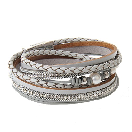 AZORA Gray Leather Wrap Bracelet for Women Pearl Crystal Charm Rope Braided Cuff Bracelets Handmade Jewelry Gift for Teens Girls