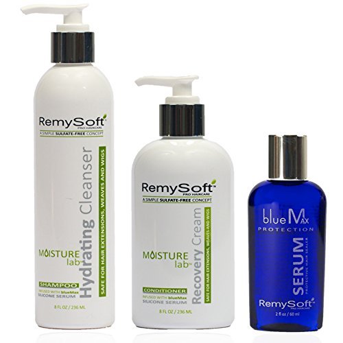 RemySoft Moisturelab System - Safe for Hair Extensions, Weaves and Wigs - Salon Formula Shampoo, Conditioner & Serum - Gentle Sulphate-free Lather