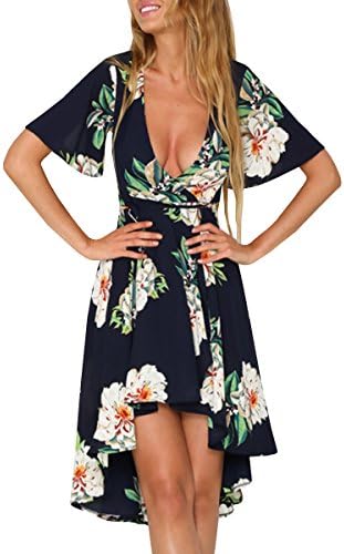 Dressit Women's v-Neck Floral Short-Sleeve High-Low Fit-and-Flare Dress, 1 Dark Blue, Large
