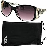 Vox Women's Sunglasses Designer Sport Fashion Rhinestone Vintage Floral Eyewear - Black Frame - Smoke Lens