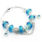 Bamoer Mother's Day Gifts European Hot Fashion Style Blue Murano Glass Beads Charm Beaded Complete Silver Plated Bracelets for Women Teen Girls( 7.8inch/20cm )