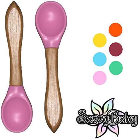 Bamboo Organic Silicone Baby Feeding Spoon | BPA Free and FDA Approved Soft Tip Utensils | by SavvyBaby (Pink)
