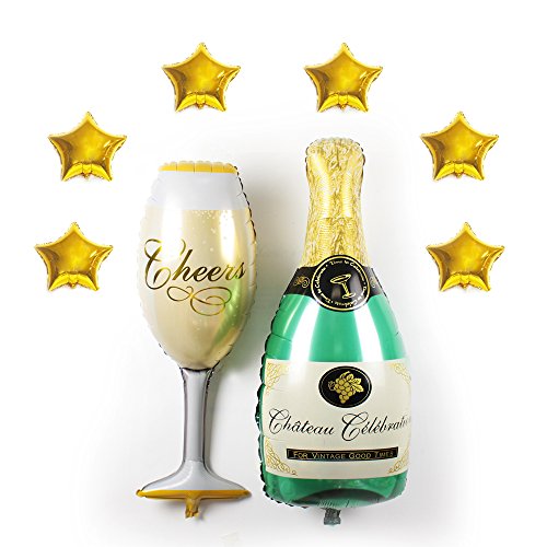 Value Pack- XXL Giant Foil Balloons Kit- Champagne Bottle & Wine Glass Shaped Balloons + Six Star Shaped Foil Balloons