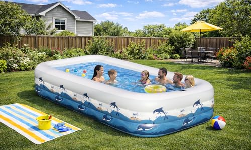 Extra Large Inflatable Pool with Lights - 145" x 74" x 22" Swimming Pool for Adults with Solar Powered, Blow Up Pool for Backyard (Air Pump Not Included)