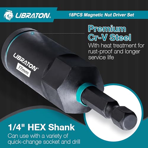 LIBRATON 18-Piece Magnetic Socket Impact Drivers, Deep Socket, Metric Nut Drivers, 5-14mm Sockets and Deep 6-17mm, Bit Holder, Storage Box