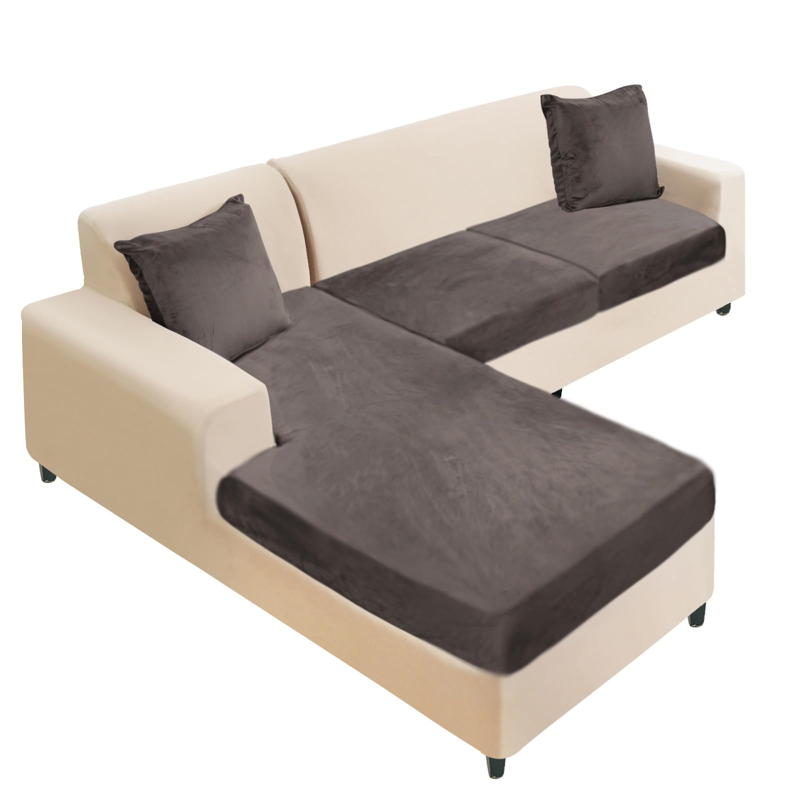 Photo 1 of NAISI Sectional Couch Cover 3 Pieces Velvet Separate Couch Cushion Covers L Shape Soft Stretch Sofa Slipcovers with 2pcs Pillowcases for Left/Right Chaise Sectional Couch(2 Seater+1 Chaise,Brown)