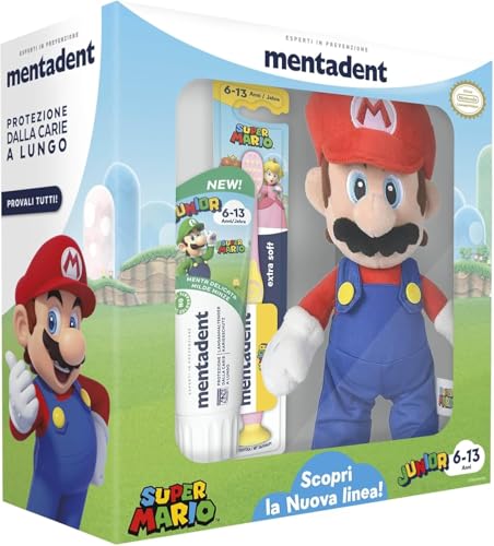 , Super Mario Junior, Kit Plush, Spazzolino e Dentifricio Bambini 6-13 Anni, Personaggio a Sorpresa, Dentifricio Bambini Gusto Menta Delicata, Spazzolino Bambini, Ideale per Denti dei Ragazzi