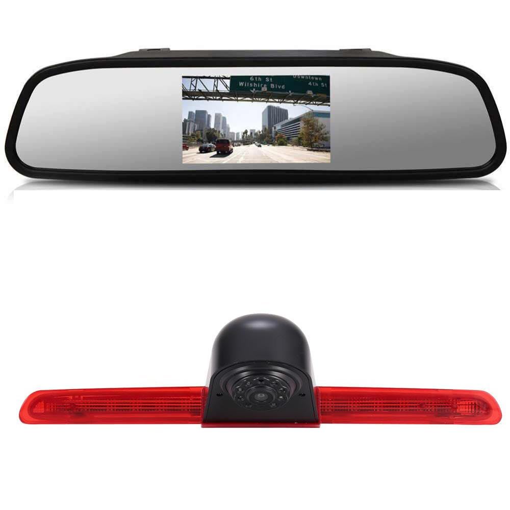〔12mm Lens CMOS Camera + 4.3'' Rearview Mirror〕Car HD waterproof 3rd Brake Light Reverse Camera Kit for T6 tailgate high roof brake light 3rd stop lamp Transporter Business MPV SUV BUS