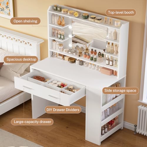TEENFON Vanity Desk with Large Mirror & 10 Lights, Makeup Vanity with 3-Tier Open Side Storage Shelves, Vanity Table with 3 Color Light Adjustable for Bedroom, White, 40×80×143CM
