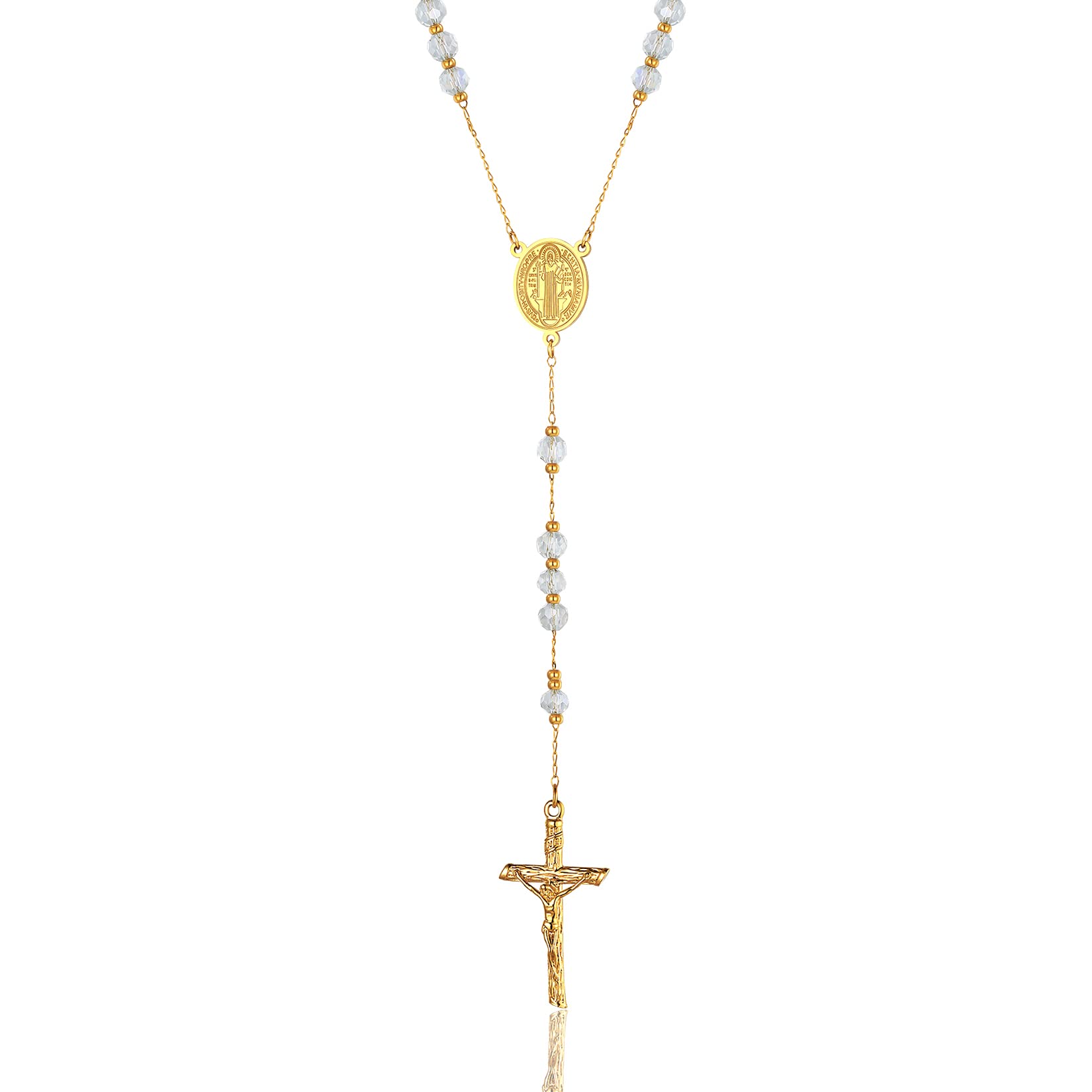 ChainsPro Cross Necklace Rosary Beads Catholic Men Women Saint Benedict Medal Cubic Zirconia Gold Chain Stainless Steel Crucifix Prayer Jesus Gift Mens Christian Jewellery