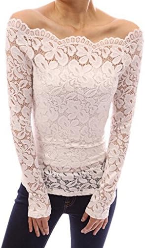 Donsane Women's Floral Lace Off Shoulder Top Long Sleeve Sexy Blouse (S, White)