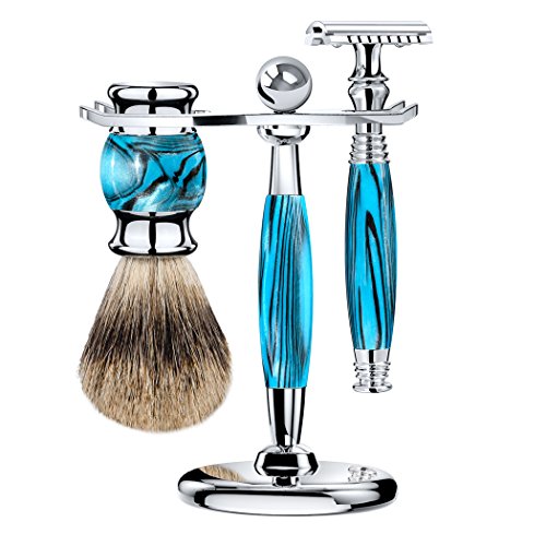 Grandslam Luxury Shaving Kit Set Safety Razor+20 Blades or Mach Fusion 5/Finest Badger Brush/Bowl/Shaving Soap and Stand Great Gift Idea for Father Husband or Boyfriend (Safety Razor, Blue)