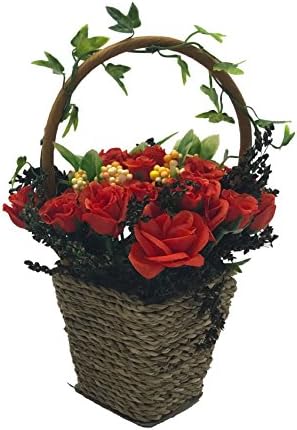 ChosenTech Artificial Fake Flowers includes Receptacle Basket, Plastic Flower with Vine & Handle for Gift, Arrangements Bridal, Home, Bedroom, Floor, Garden, Office, Wedding, Party & Decor (Red)