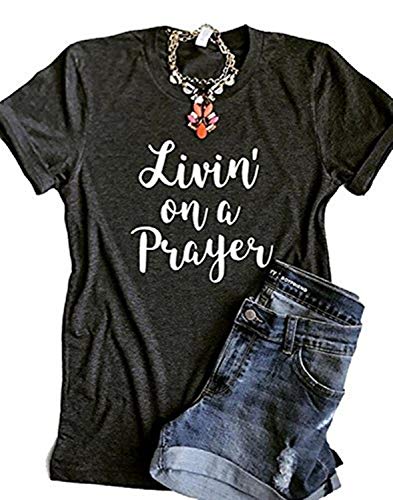 QIANMEI Women's Christian Livin' On A Prayer Letters Print Short Sleeve T-Shirt Tops (Medium, Dark Gray)