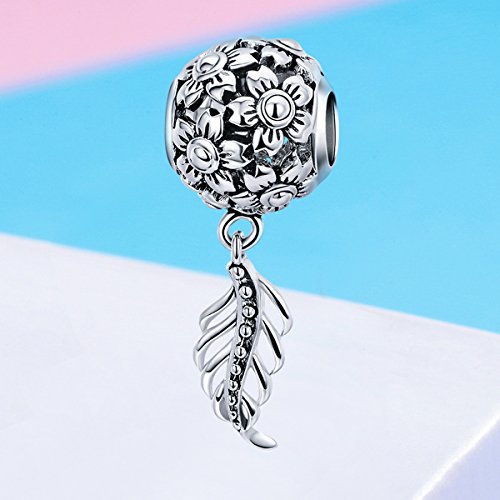 BAMOER Daisy Flower Charm 925 Sterling Silver Daisy Feather Dangle Pendant Charm for DIY Snake Chain Bracelet Women Gift