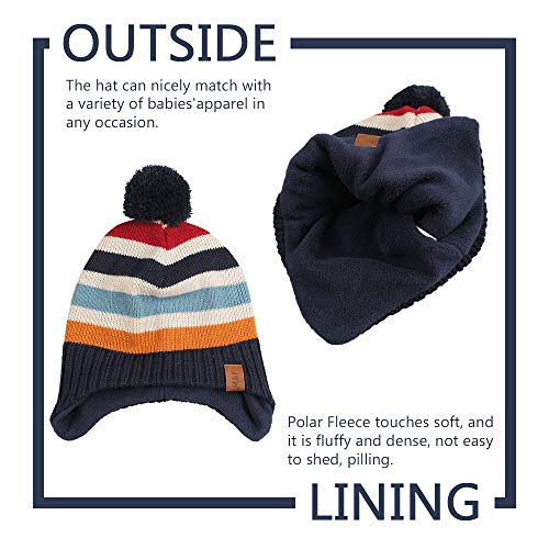 Knit Striped Baby Hat Scarf Set Winter Warm Boys Girls Beanie Fleece Lining Toddler Kids Hat with Pompom (Navy Striped, M)